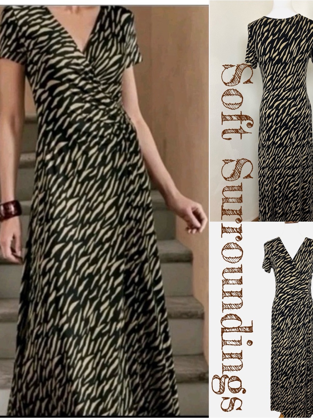 Soft Surroundings Black and Cream Abstract-Print Wrap Maxi Dress